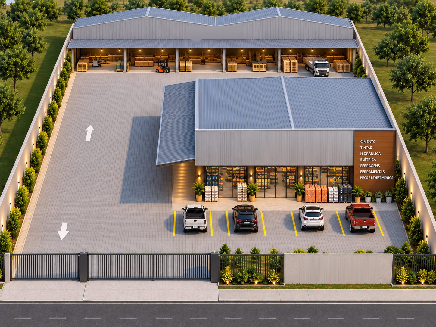 Projeto VIX, imagem ilustrativa: Galpão comercial com depósito, loja de materiais de construção e pátio de estacionamento.